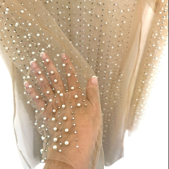 SHEIN Nude Mesh Coverup Mini Dress Pearls Rhinestones Long Sleeves Scoop Neck XL - Picture 3 of 5